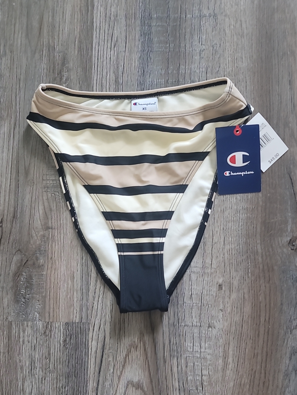 Champion high-cut bikini bottom beige, cream, and black Size XS